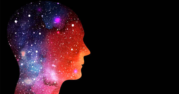 istock Vector illustration of space colored human head on black background. Mindfulness meditation, self-consciousness 1351935659