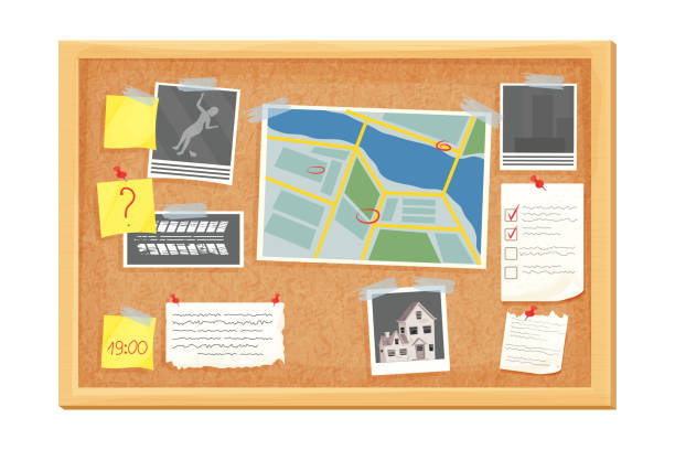 istock Detective investigation cork board, work place in cartoon style isolated on white background. Mystery photo, map, police mind plan . Vector illustration 1351935696