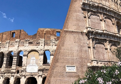 The ancient facade of the Roman Colosseum.