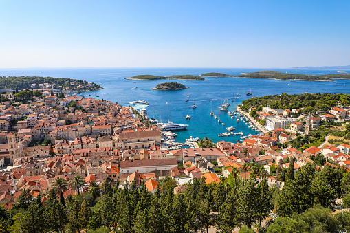 Aerial view of the bustling harbor and Old Town of Hvar Croatia