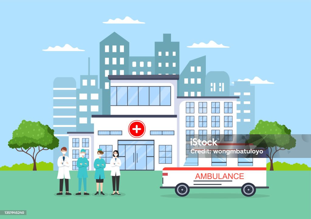 Ilustración de Edificio Del Hospital Para La Atención Médica Dibujos  Animados Ilustración Vectorial De Fondo Con Coche Ambulancia Médico  Paciente Enfermeras Y Clínica Médica Exterior y más Vectores Libres de  Derechos de