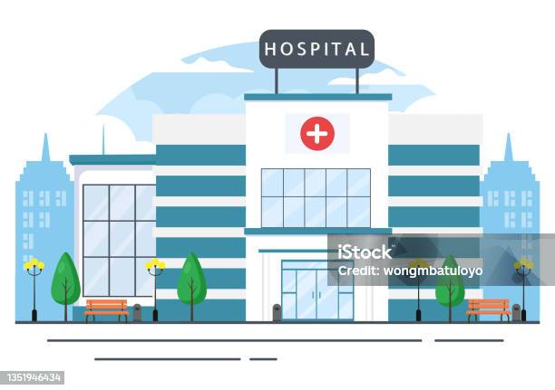 Ilustración de Edificio Del Hospital Para La Atención Médica Dibujos  Animados Ilustración Vectorial De Fondo Con