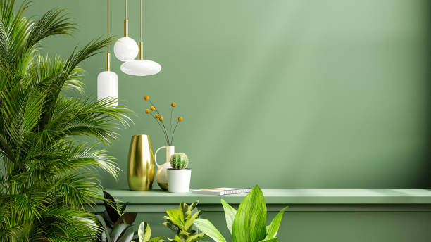 istock Green wall mockup with green plant and shelf. 1351946550