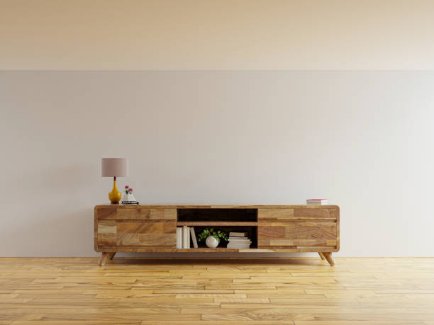 istock Wall mockup with cabinet for tv on white color wall background. 1351946564