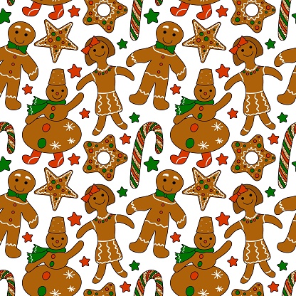 Seamless Christmas pattern. gingerbread men and a snowman on a white background . stars and a caramel cane . festive New Year's design for packaging , fabric , printing .