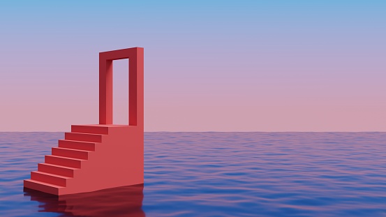 Red staircase with portal gate floating above the ocean.Abstract minimal surreal background.3d rendering illustration.