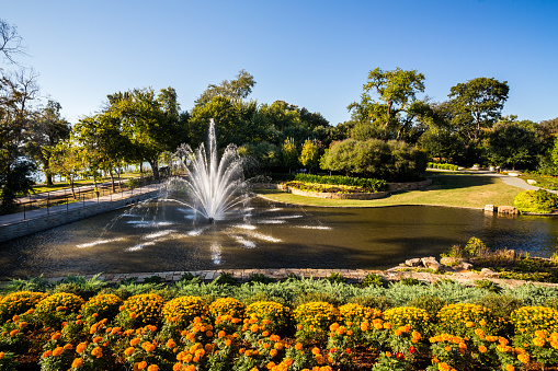 Dallas, Texas, USA - October 25th, 2021: Beautiful fountain in the Dallas Arboretum and Botanical Garden, Texas