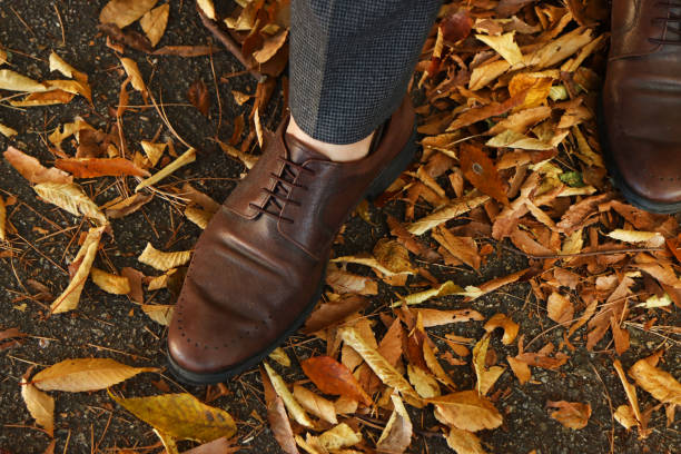 istock Men's shoes on fallen leaves. 1351954443