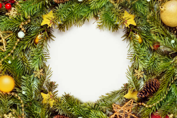 istock Christmas round border. Spruce, decoration, cones, stars. 1351957591