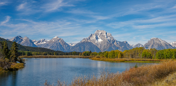 Mountain view, river foreground, in Grand Teton National Park Wyoming. Panoramic. Edited.