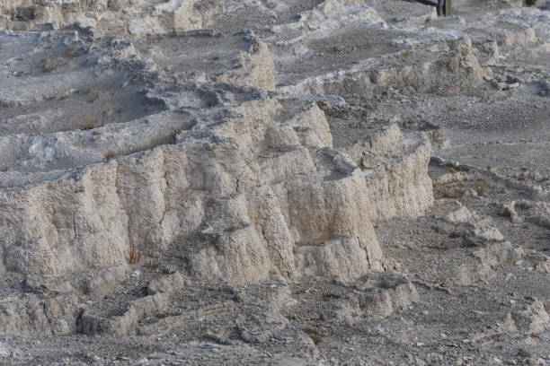White formations in Mammoth Hot Springs at Yellowstone National Park in Wyoming. Panoramic.