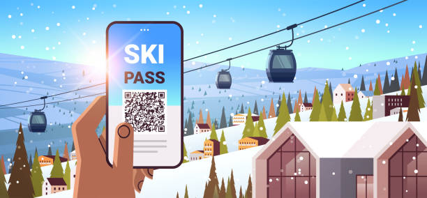 menschliche hand mit skipass-anwendung auf smartphone-bildschirm winterurlaub konzept verschneite berglandschaft - mountain pass stock-grafiken, -clipart, -cartoons und -symbole