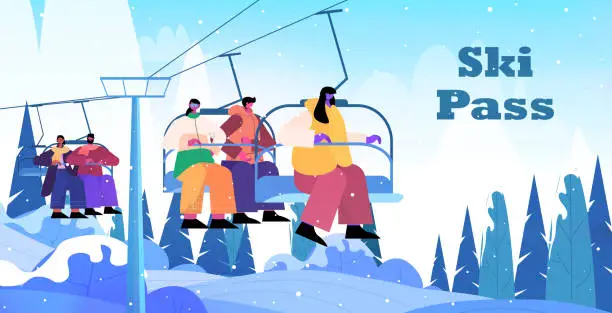 Vector illustration of people sitting on chairlifts ski resort cableway in snowy mountains christmas new year holidays celebration winter vacation