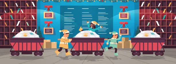 Vector illustration of elves preparing for new year and christmas holidays celebration mix race santa helpers pushing minecart