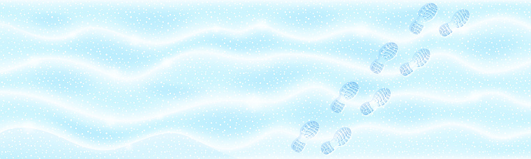 Snow background with footprints, boots steps track on clear blue and white winter surface, shoes trace top view. Frozen texture surface, road and snowy drifts landscape, Cartoon vector illustration