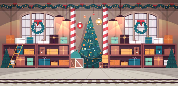 no people santa claus factory with gifts and decorated christmas tree new year winter holidays celebration concept - werkstatt stock-grafiken, -clipart, -cartoons und -symbole