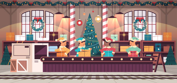 기계 라인 컨베이어 벨트 해피 새해 크리스마스 휴일 축하에 선물을 넣어 혼합 레이스 엘프 팀 - santa claus elf christmas holiday stock illustrations