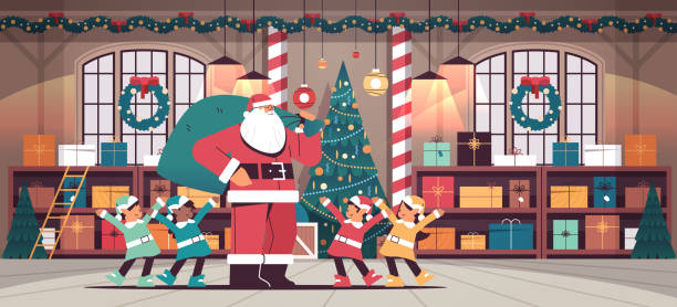 ilustrações de stock, clip art, desenhos animados e ícones de santa claus with mix race elves preparing for new year and christmas holidays celebration modern workshop interior - santas sack