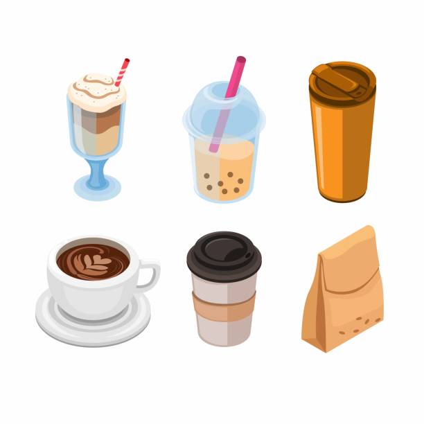 ikona opakowania produktu w kawiarni ustawiona w stylu izometrycznym wektor ilustracji - starbucks coffee drink coffee cup stock illustrations