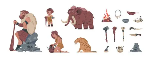 Vector illustration of Primitive men. Cartoon prehistoric family with ancient stone and bone tools. Weapon and animals. Mammoth and saber-toothed tiger. Savage parents with boy. Vector Neanderthal people set