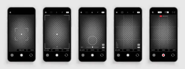 Vector illustration of Phone camera interface. Smartphone photography and video viewfinder. App with focusing frame and adjustment buttons. Mobile UI touchscreen. Vector snapshot digital focus borders set