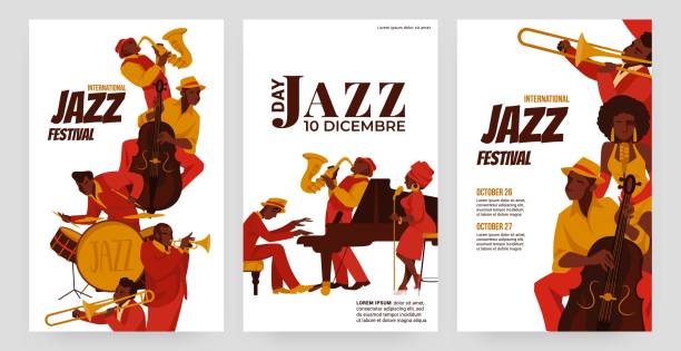 Jazz posters. Music concert flyer. Festival orchestra performers. Retro band with singers and musicians. Advertising banners design. Vector contemporary musical performance placards set Jazz posters. Music concert flyer. Festival orchestra performers. Cartoon retro band with singers and musicians. Advertising banners design mockup. Vector contemporary musical performance placards set jazz music stock illustrations