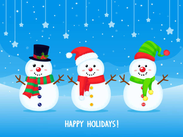 ilustraciones, imágenes clip art, dibujos animados e iconos de stock de tarjeta de felicitación vectorial de navidad con lindos muñecos de nieve. colorido fondo de dibujos animados de invierno. ilustración de año nuevo. - blue christmas backgrounds humor