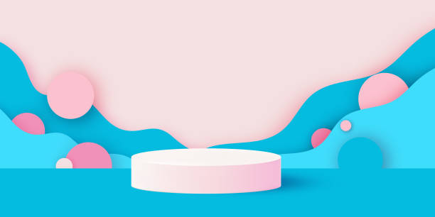 istock 3D Podium scene or pedestal on pastel background with minimal geometric shapes paper cut craft studio for display product mockup design. Circles. Planets. Cosmos. 1351971077
