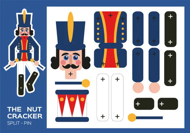 Vector illustration of Nutcracker Split-Pin Paper Cut Game. Christmas craft activity for kids. Enjoy fine motor skills. New Year making puppet shows and poses. DIY Soldier. Worksheets for kids.