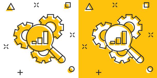 istock Loupe with gear icon in comic style. Magnifying glass cartoon vector illustration on white isolated background. Seo exploration splash effect business concept. 1351973131
