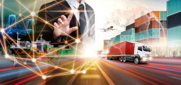 istock Global business logistics import export transportation concept, container cargo freight ship and truck, cargo plane, network distribution, technology interface of partner connection worldwide 1351973398