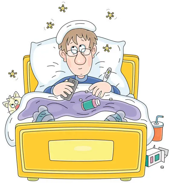 Vector illustration of Sick man with infection lying in bed