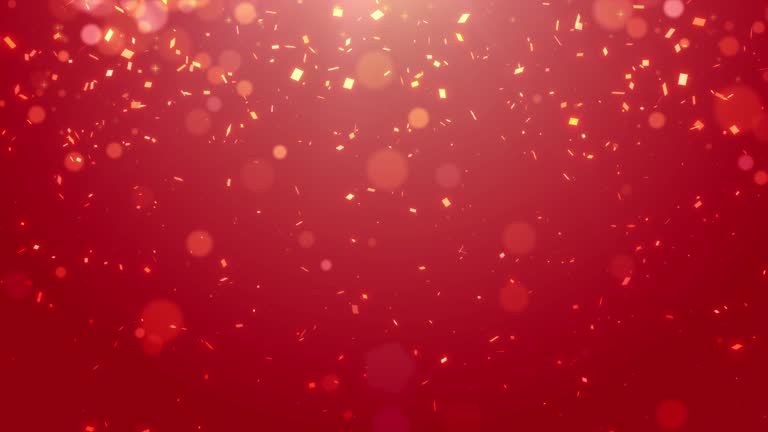 4k resolution Motion Abstract Background of Glittering gold Particles with lens flare, Defocused gold Particles on red Background. Christmas and Celebration events background, Chinese new year background