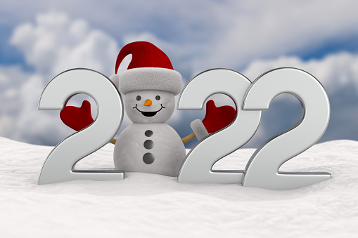 2022 new year. Snowman into snowdrift. 3D illustration
