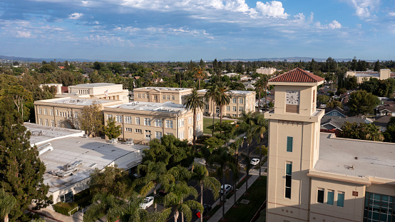 Daytime aerial view of the historic skyline of the city of Orange, California, USA.