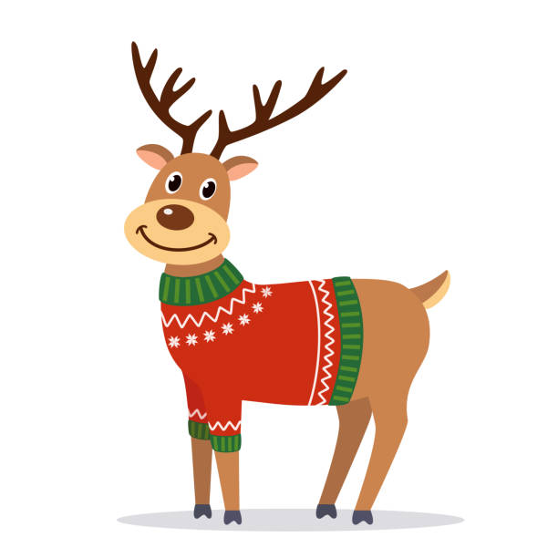 Christmas deer in ugly sweater Vector illustration of Santa Claus reindeer on square white background reindeer stock illustrations