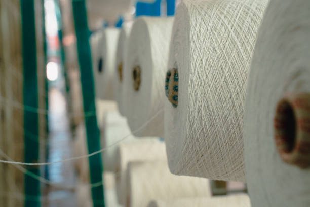 istock White yarn spools bobbin thread cones on industrial warping knitting beaming machine in textile factory 1351977250