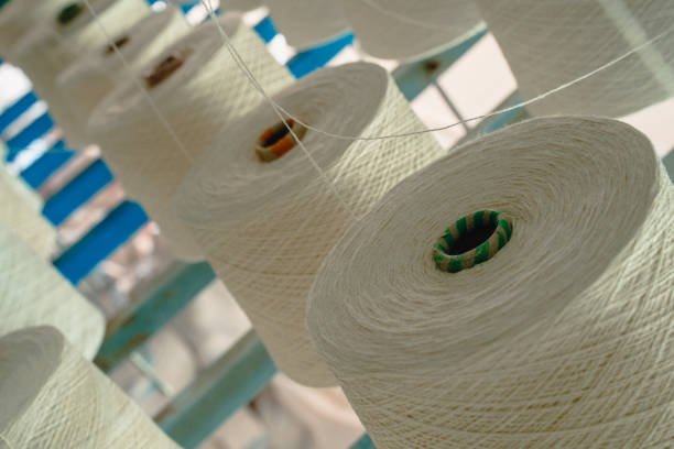 istock White yarn spools bobbin thread cones on industrial warping knitting beaming machine in textile factory 1351977251