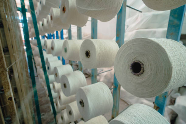 istock White yarn spools bobbin thread cones on industrial warping knitting beaming machine in textile factory 1351977262