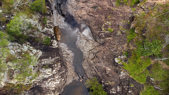 Drone view of rock pool and gorge in Tamborine Mountain, Queensland, Australia.