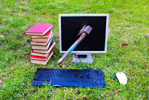 Axe in a Computer Screen on the Grass Background with a Keyboard and a Books