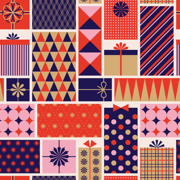 Christmas presents seamless pattern. Christmas presents seamless pattern. Gift giving season illustration. Vector Christmas seamless texture for gifts wrapping paper, packaging, backgrounds. striped ribbon stock illustrations
