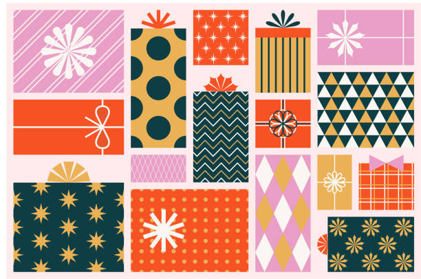 Top view illustration of Christmas presents Gift giving season banner. Set of Christmas presents in geometric wrapping paper. 
Vector top view illustration of Christmas presents for social media, blog articles on gift guide and giveaway themes. gift illustrations stock illustrations