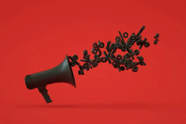 3d rendering of Megaphone with sale announcement, black friday background