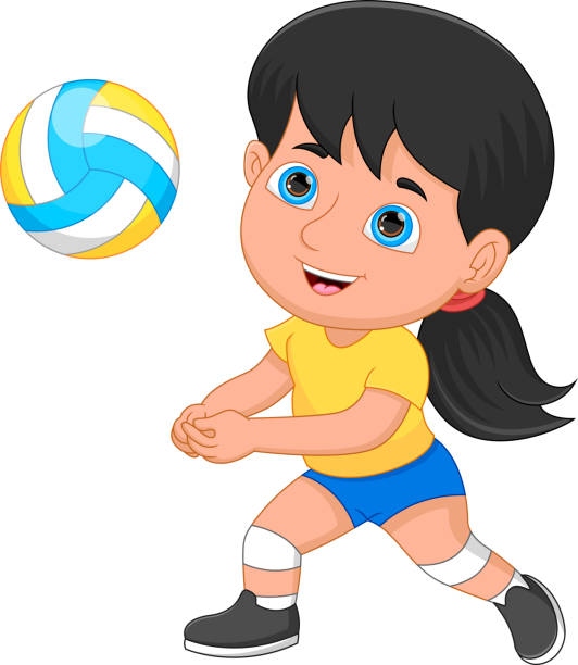 白い背景にバレーボールをしている小さな女の子 - isolated volleyball women adult点のイラスト素材／クリップアート素材／マンガ素材／アイコン素材