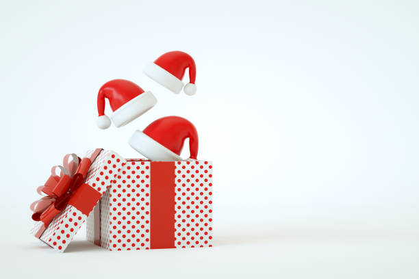 3d rendering of open gift box with flying Santa hat, Christmas new year concept.