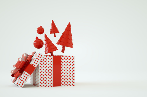 3d rendering of open gift box with flying Christmas new year ornaments.