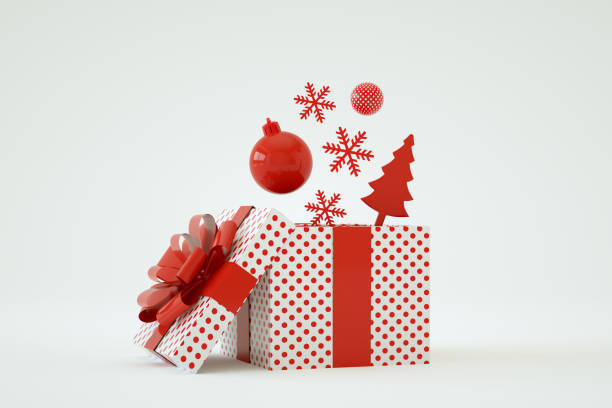 3d rendering of open gift box with flying Christmas new year ornaments.