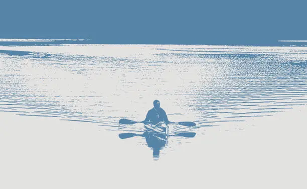 Vector illustration of Man kayaking on lake