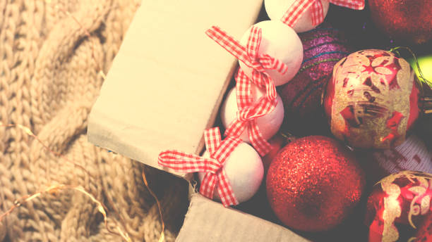 istock Cardboard box with Christmas balls, vintage image 1351980115